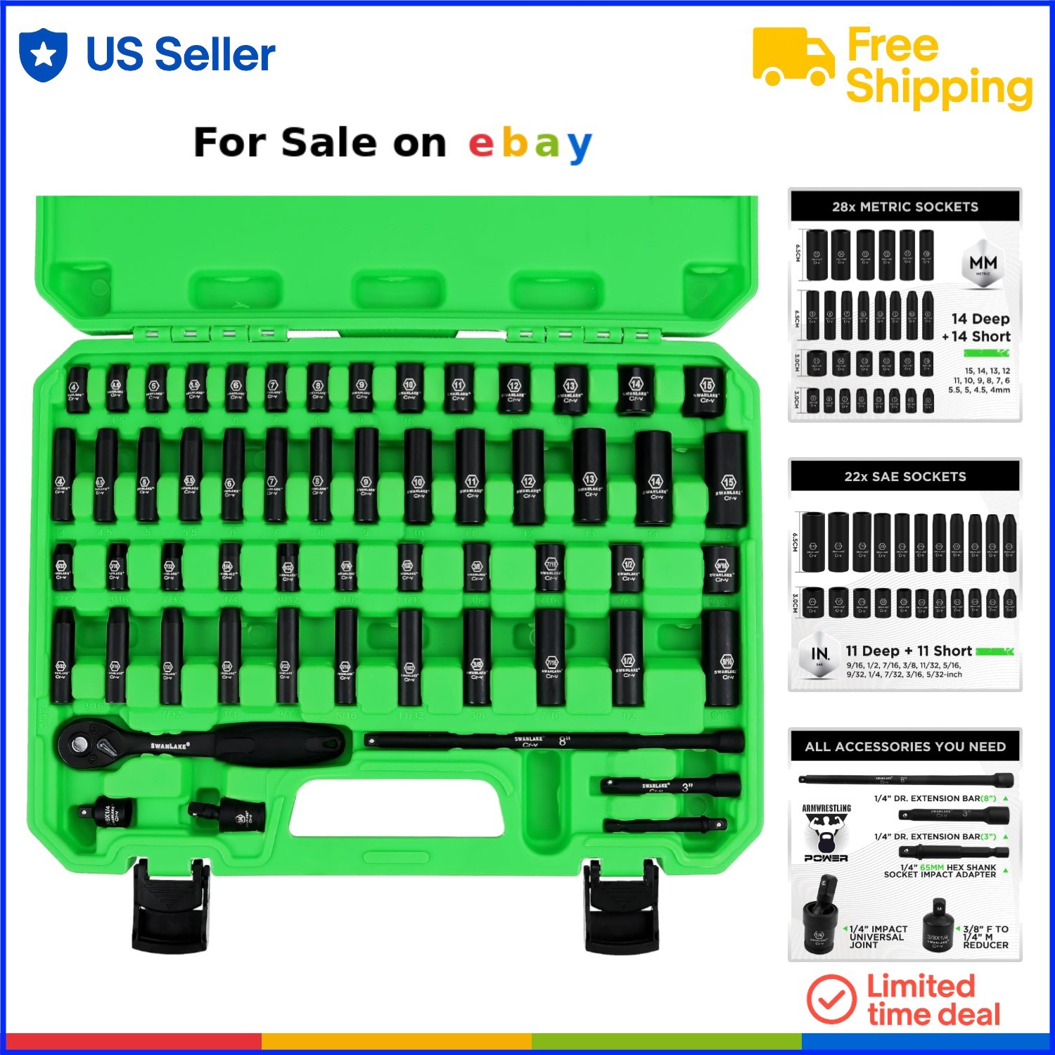 Impact Socket Set 56-Piece Chrome Vanadium Steel SAE and Metric 1/4″ Drive