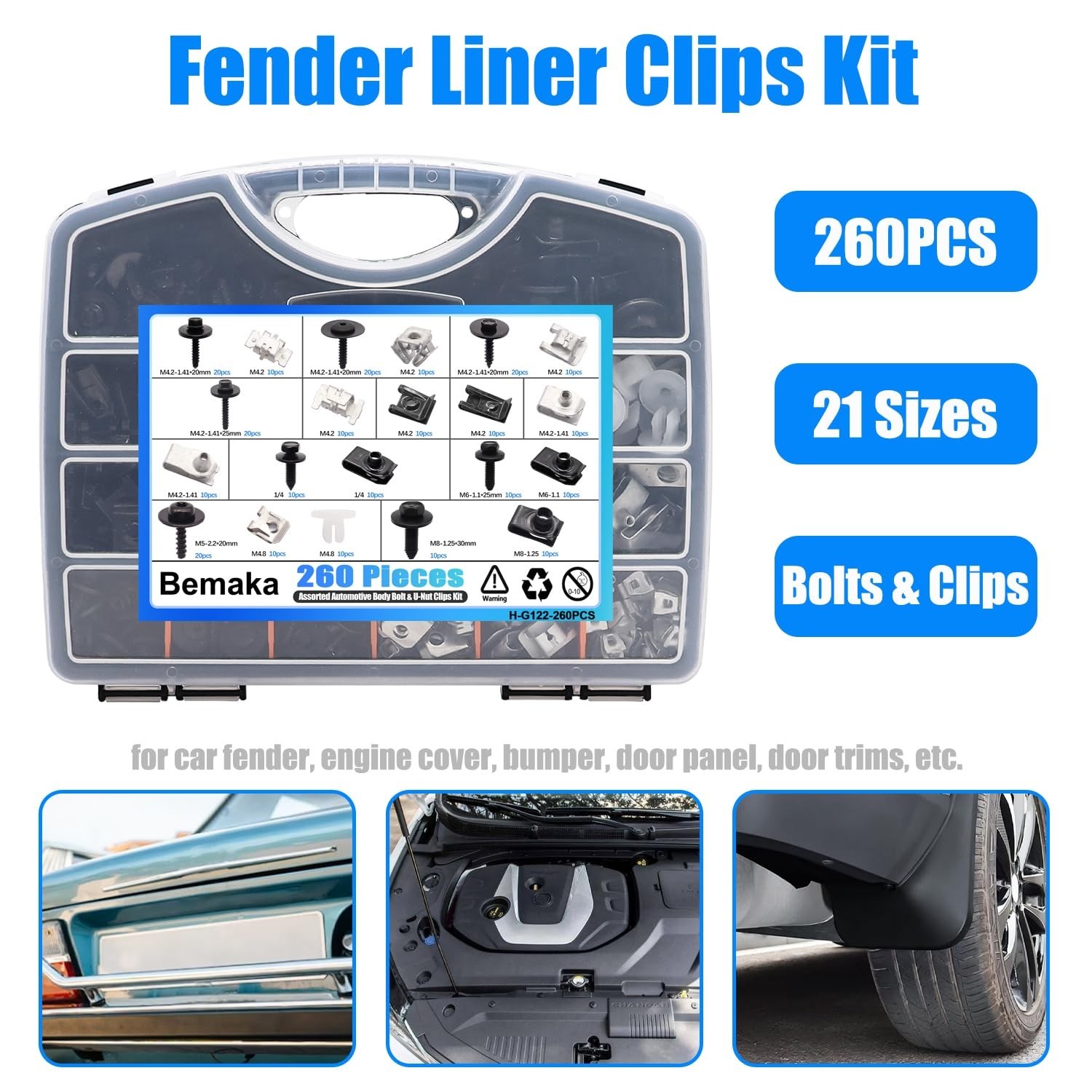 260Pcs Automotive Body Clips & Fasteners Kit, 21 Sizes Fender & Bumper Bolts