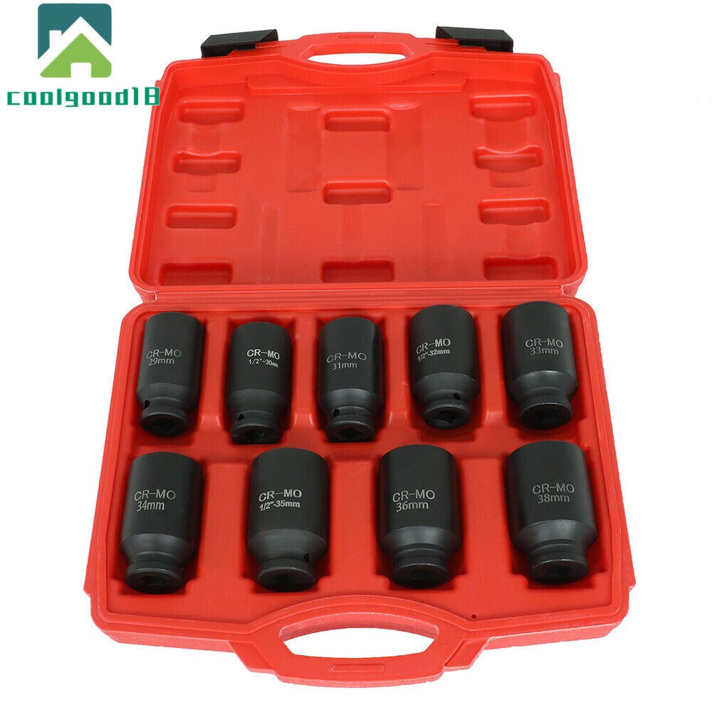9Pcs 1/2″ Drive Metric Axle Hub Nut Socket Deep Impact Socket Tool Kit 29-38mm