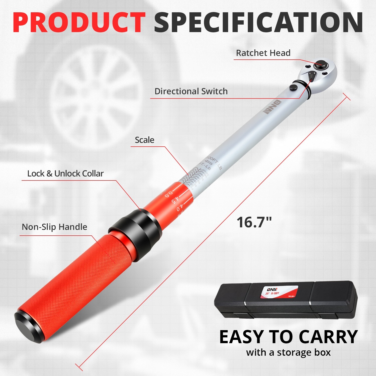 3/8″ 10-100IN.-LB Mechanic Adjustable Click Torque Wrench w/ Storage Box Red