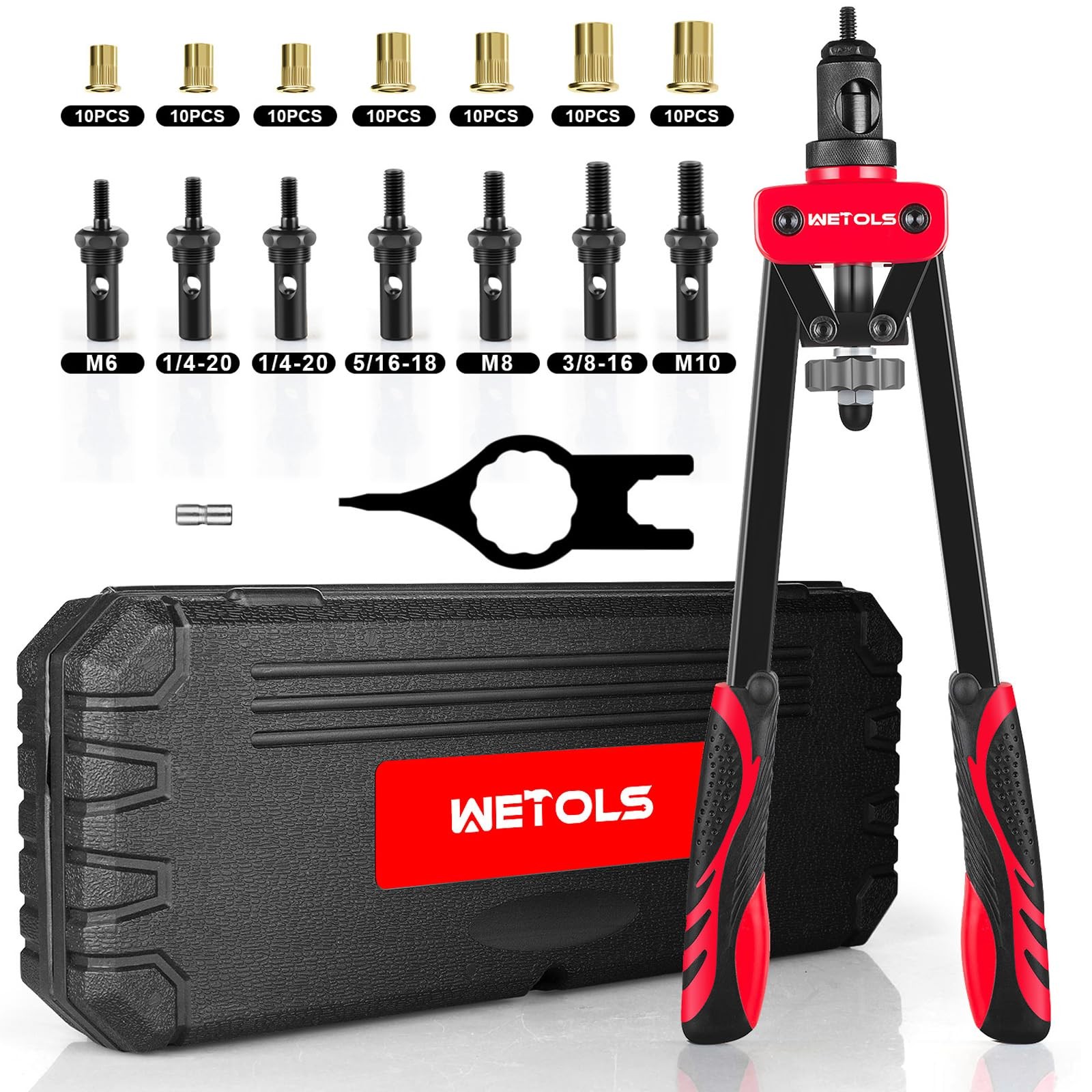 14″ Rivet Nut Tool Kit Nutsert Gun w/ 7 Mandrels & 70 Rivnuts Case Set