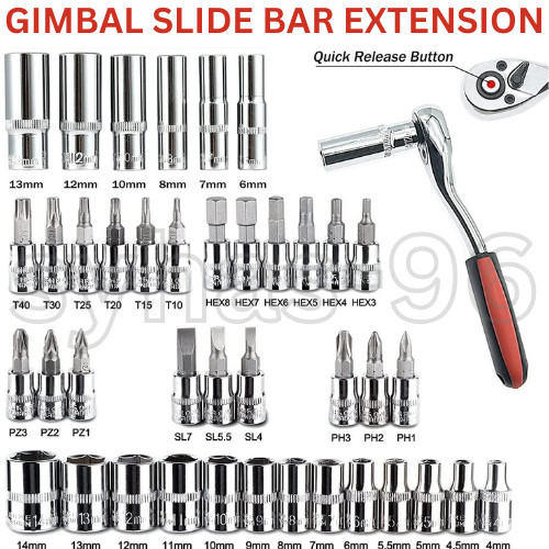 Socket Wrench Set 53 Pcs 1/4 Inch Ratcheting and Extension Bar Gimbal Slide
