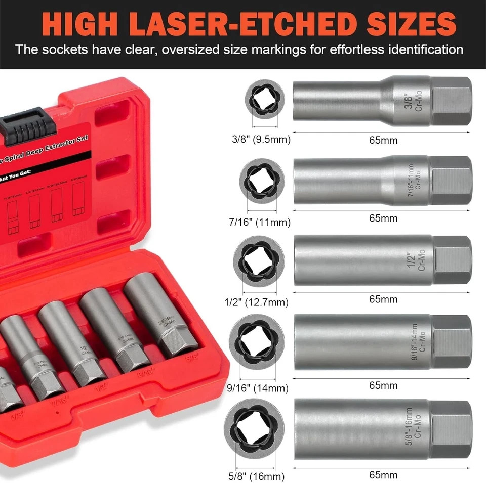 5PCS Deep Bolt Extractor Kit, Easy Out Spark Plug Socket Set, Ez…