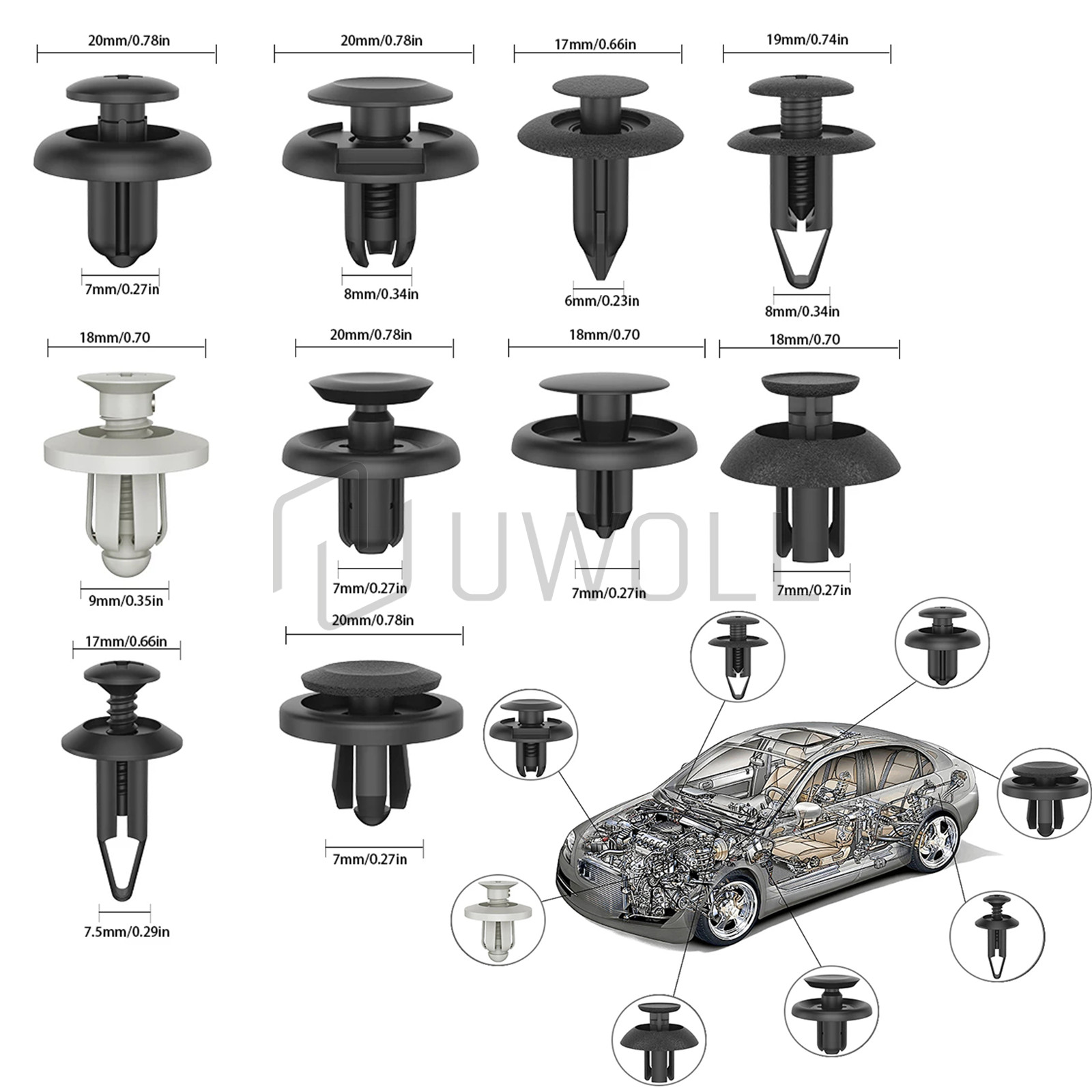 100 Pcs Car Retainer Auto Fasteners Push Trim Plastic Clips Pin Rivet Bumper Kit