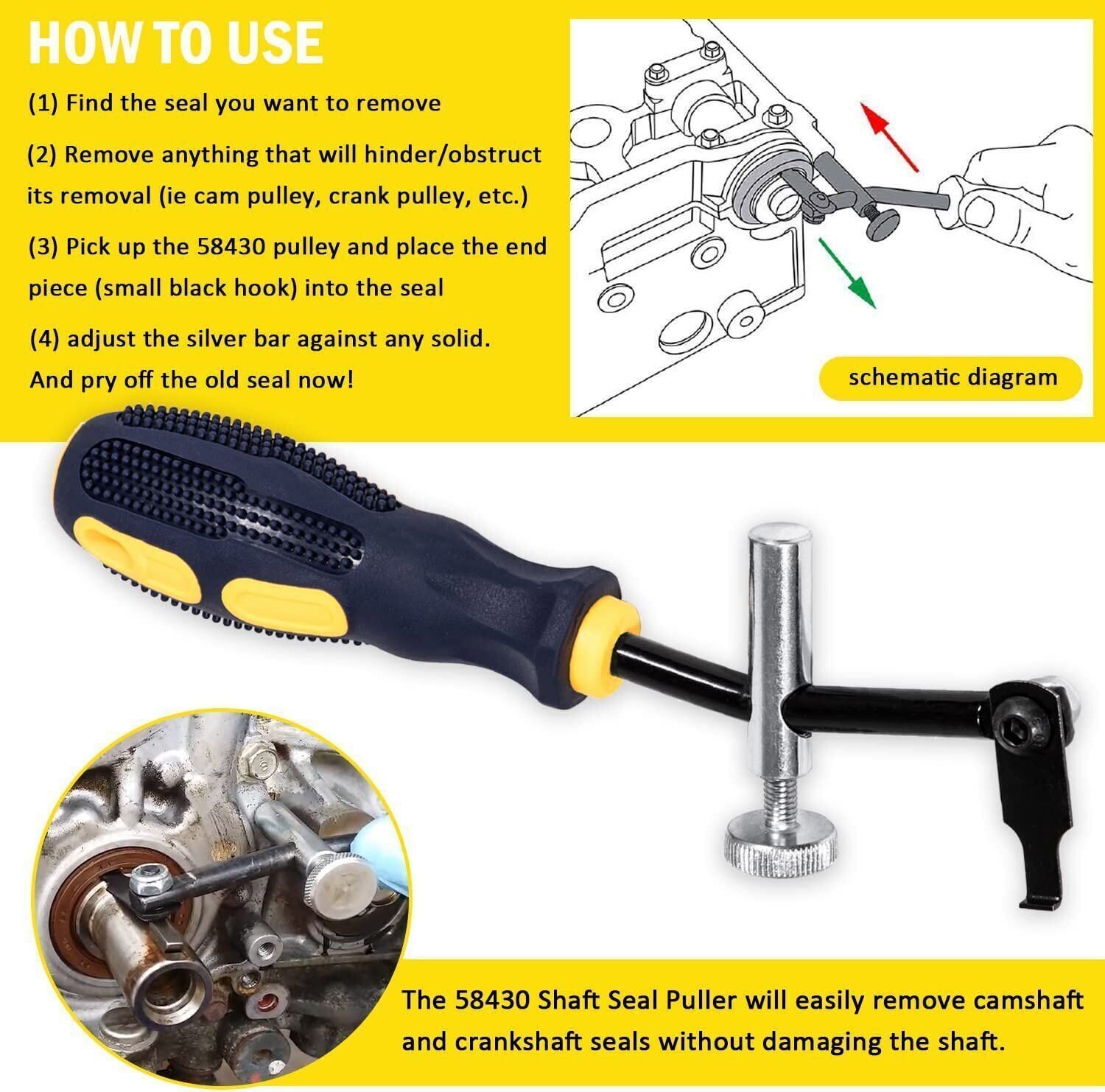 58430 Shaft Type Seal Puller W/ Spare Hook Crankshaft Camshaft Remover Auto Tool
