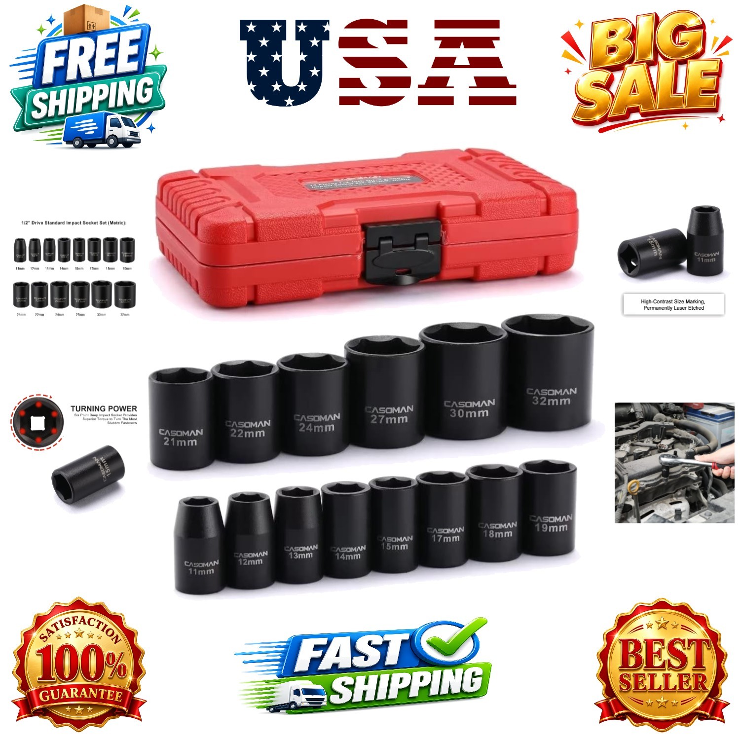 14 Pieces 1/2-Inch Drive Shallow Impact Socket Set, Metric, 6-Point, 11mm to …