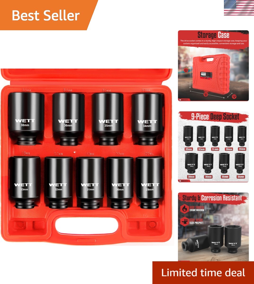 1/2″ Drive Deep Large Impact Socket Set, 9-Piece Spindle Axle Nut Metric 6 Po…