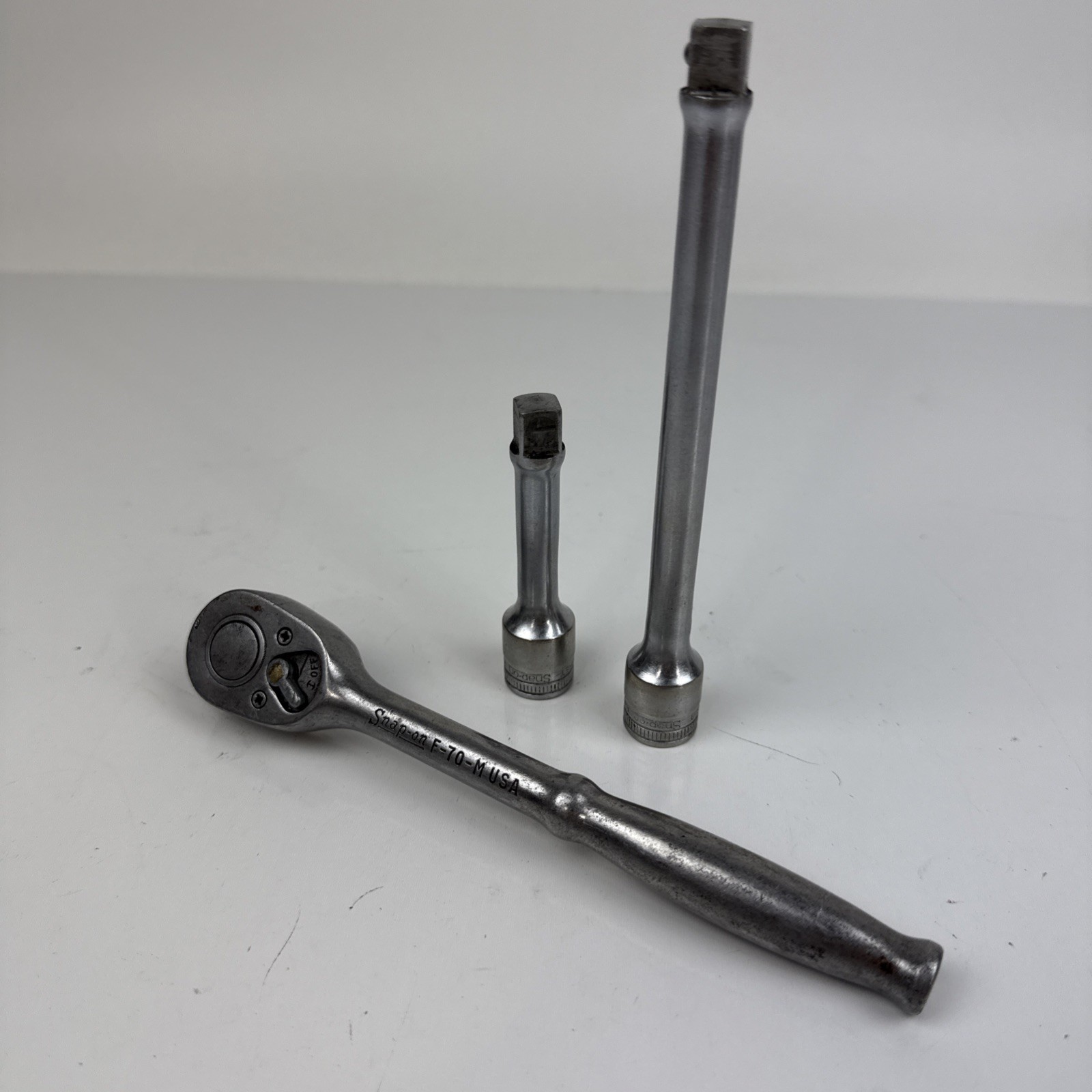 Snap On Vintage Standard 6-7/8″ Long 3/8″ Drive Ratchet USA F-70-M 3” & 6” Ext.