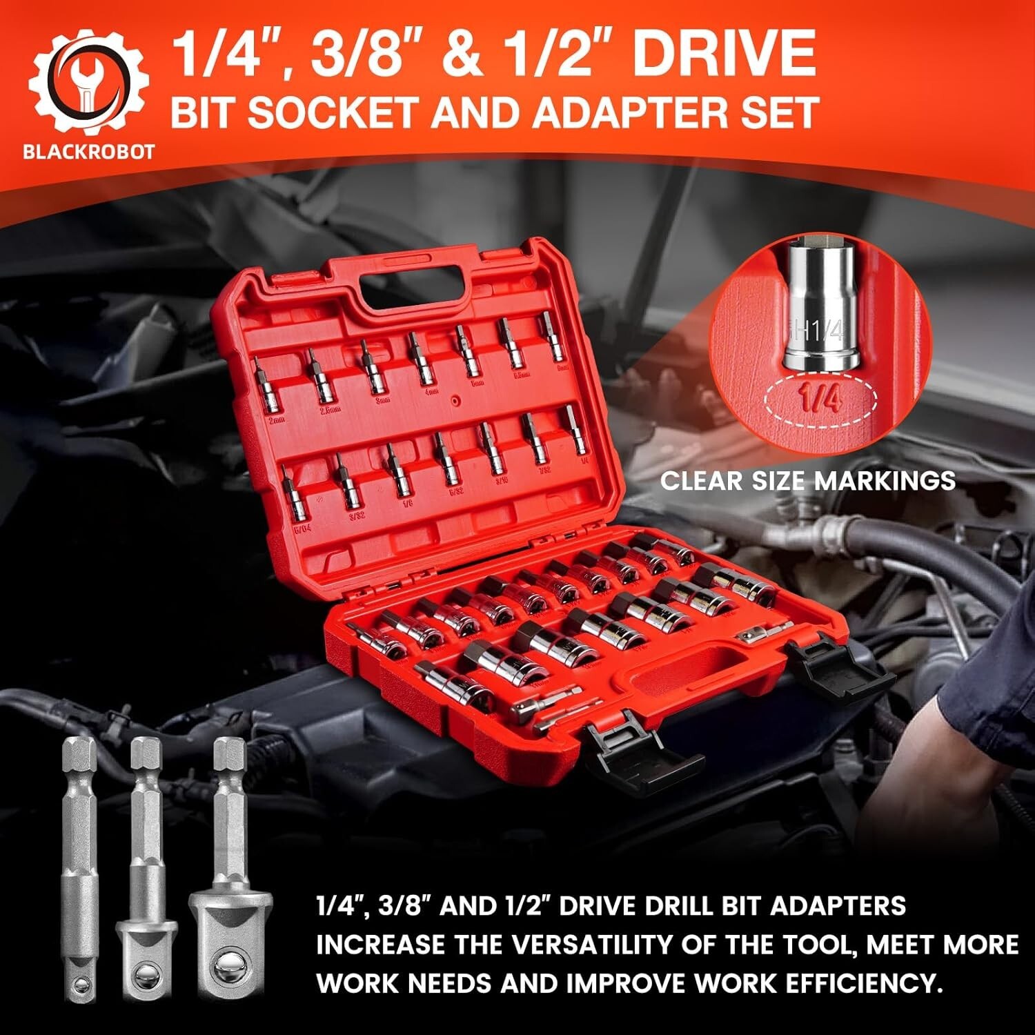 34PCS1/4″ 3/8″ 1/2″ Drive SAE & Metric Size Hex Bit Socket Set S2 Alloy Steel