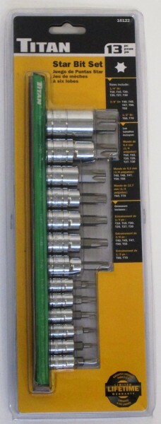 Titan 16122 13pc Torx S2 Steel Bit Socket Set with Magnetic Storage Rail