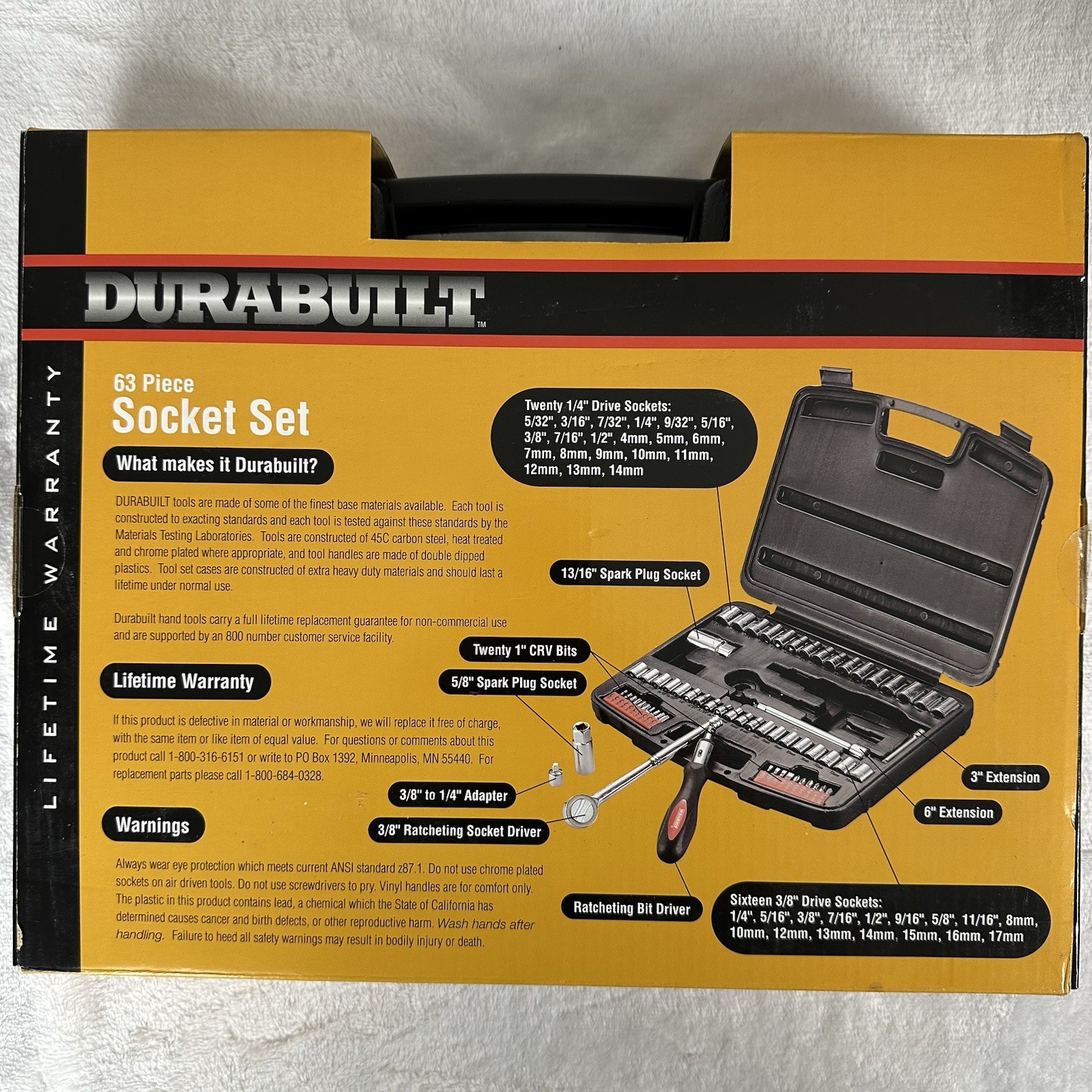 Durabuilt 63 Piece Socket Set, Includes CRV Bits + Ratcheting Drivers, Chrome