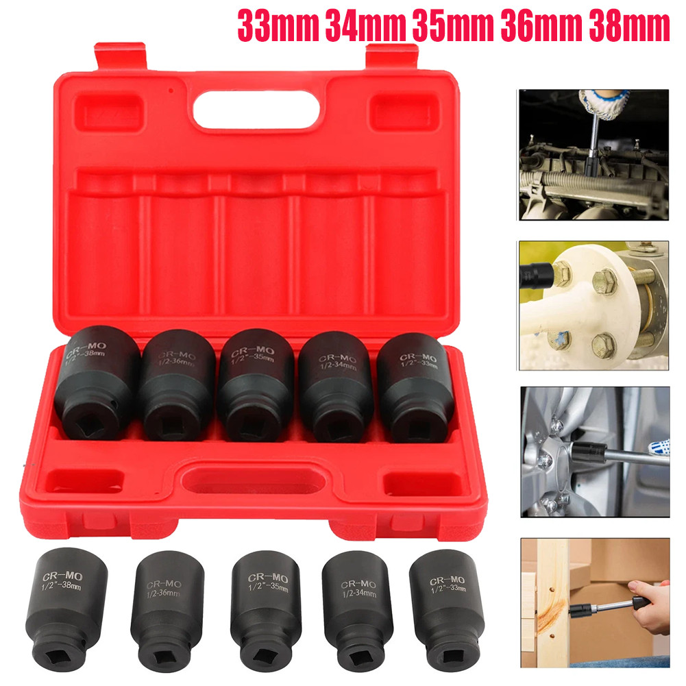 5Pcs 1/2″ Drive Deep Impact Axle Hub Socket Set 6 Point 33mm 34mm 35mm 36mm 38mm