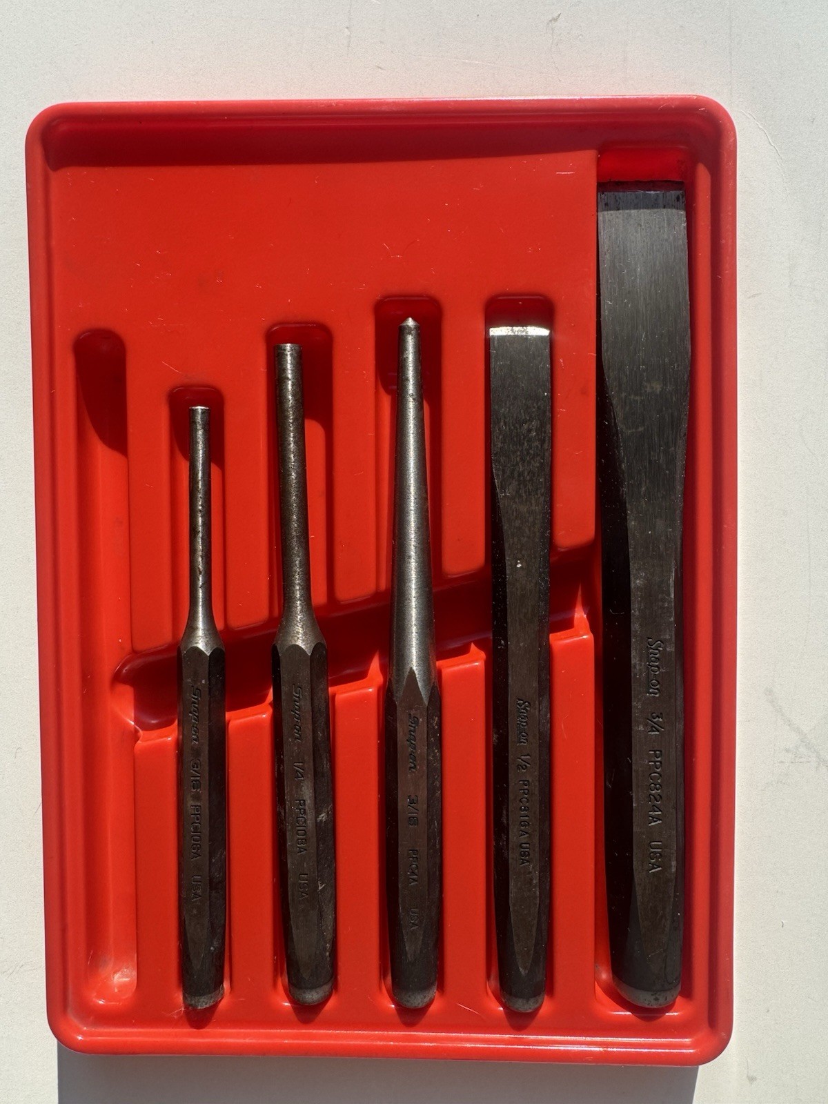 Snap-on 5 Pc Punch & Cold Chisel Set PPC106A PPC108A PPC816A PPC824A USA w/ Tray