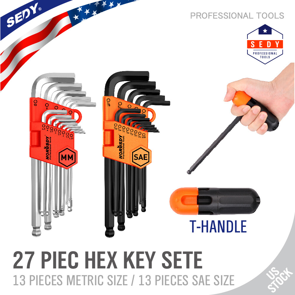 26 Allen Wrench Set Hex Key Set Tool Alan Hex Metric SAE Ball End Short Long Arm