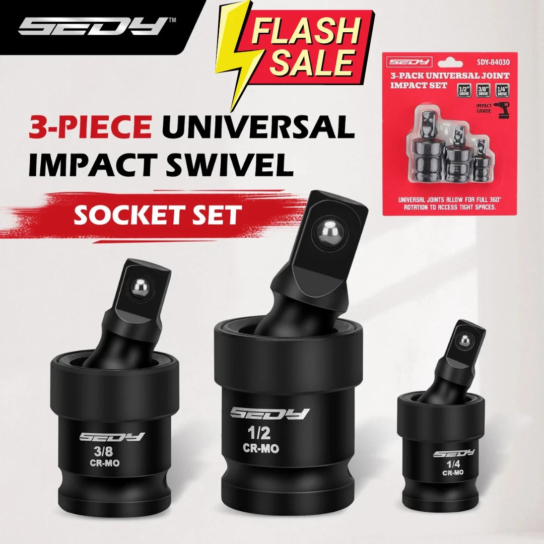 3PCS Impact Universal Joint Swivel Socket Adapter Set 1/4″ 3/8” 1/2″ Drive 360°
