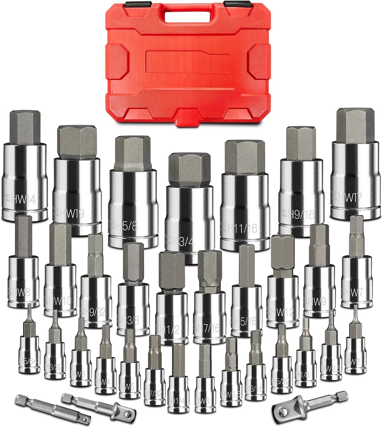 34PCS1/4″ 3/8″ 1/2″ Drive SAE & Metric Size Hex Bit Socket Set S2 Alloy Steel