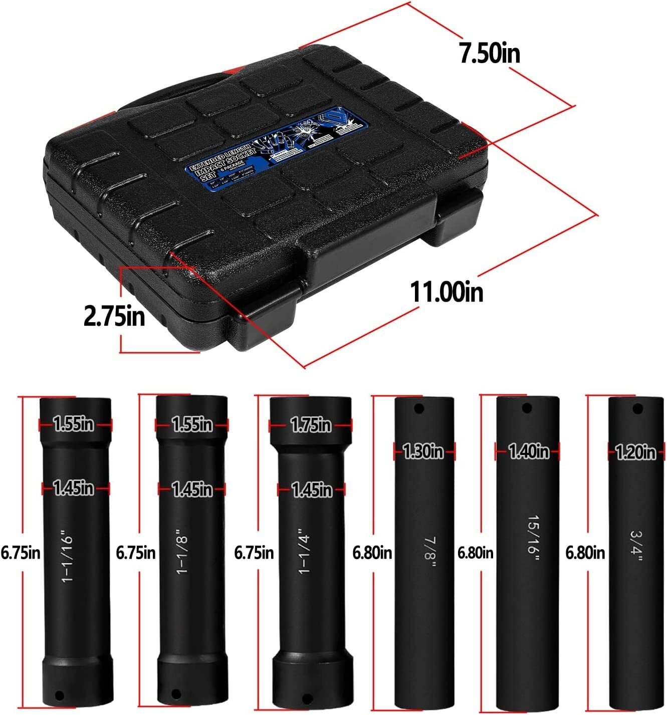 1/2 Inch Drive Heavy Duty Extended Length Extra-Deep Length Impact Socket Set