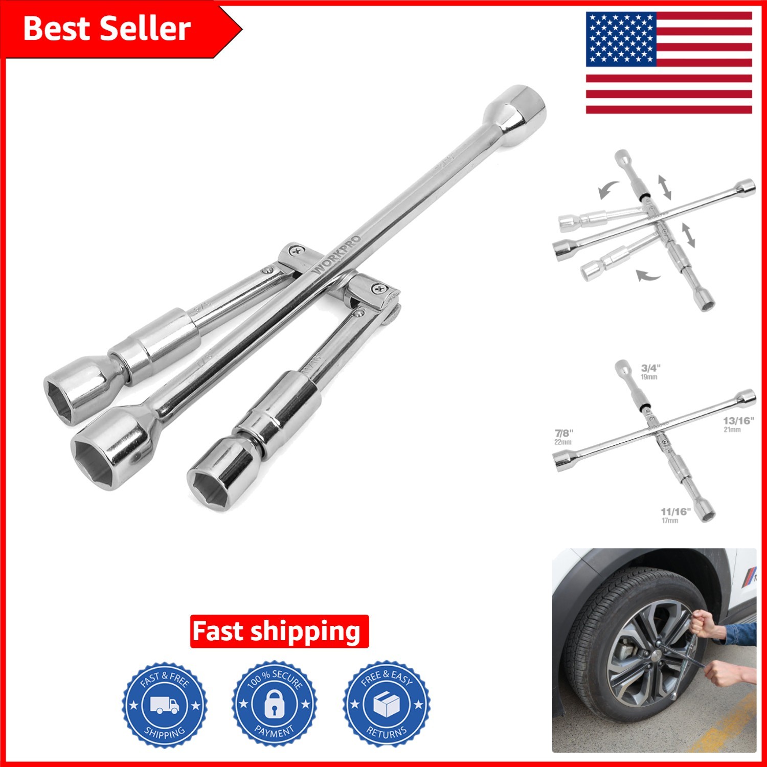 Compact 4-Way Cross Lug Wrench – 14-Inch Folding Design for Roadside Safety