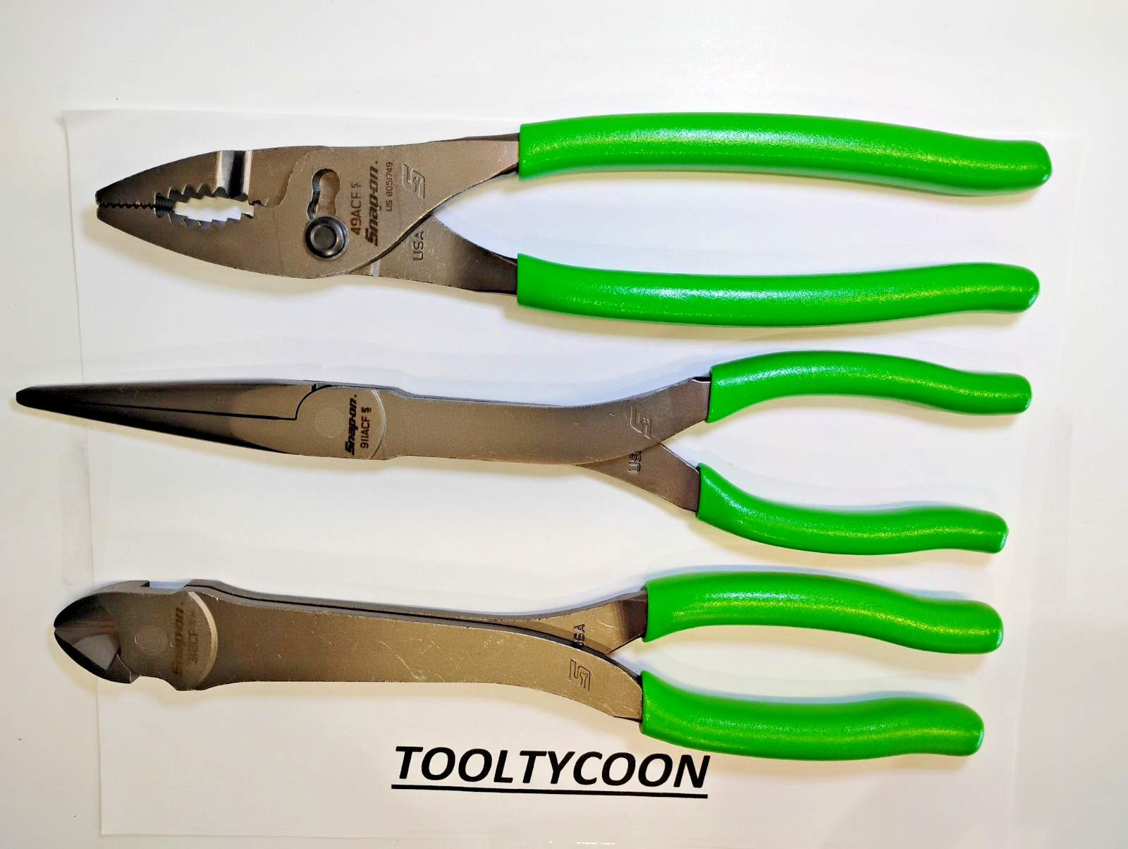 Snap-On Tools USA NEW 3 Piece GREEN Soft Grip Heavy Duty Pliers Lot Set PL330ACF