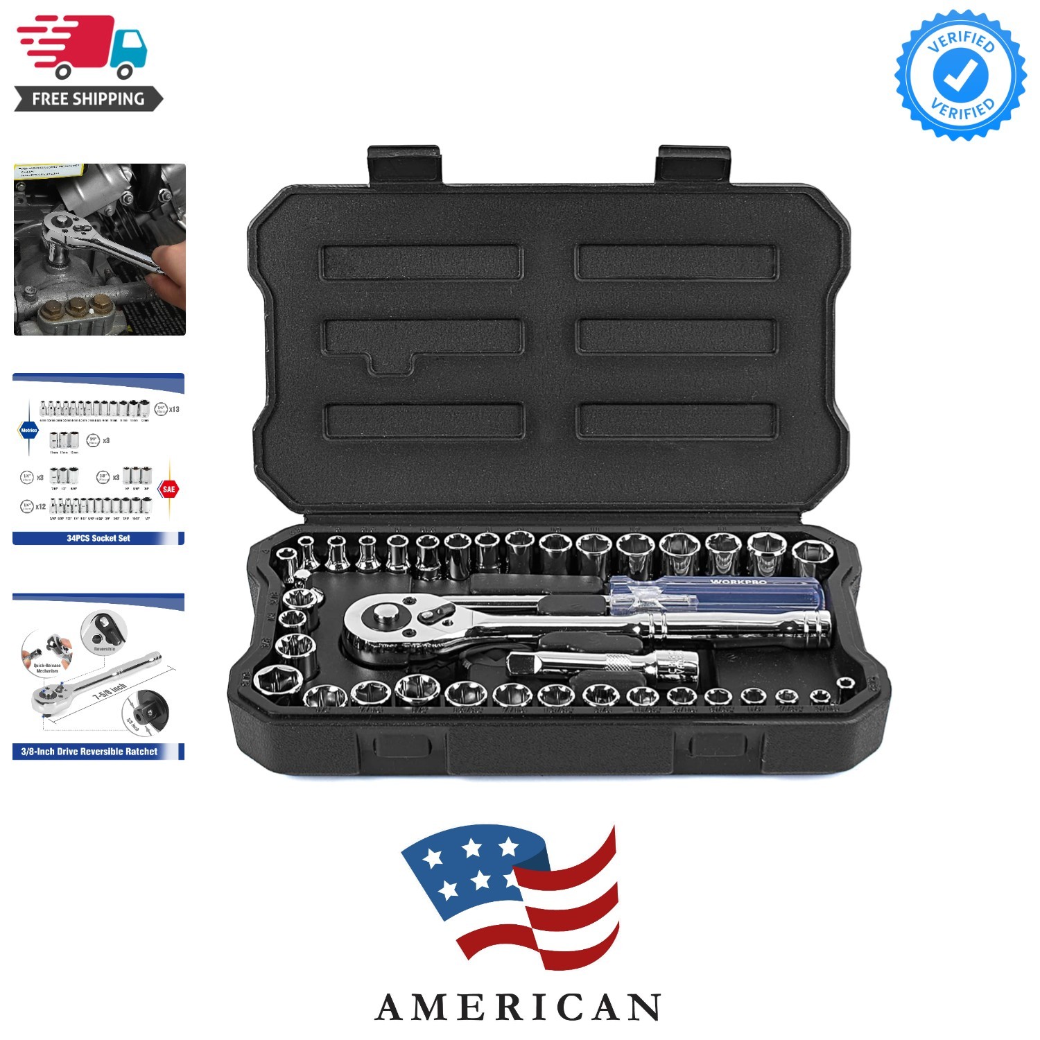 39-Piece Drive Socket Set 1/4» & 3/8», CR-V Metric and SAE Sockets with Qui…