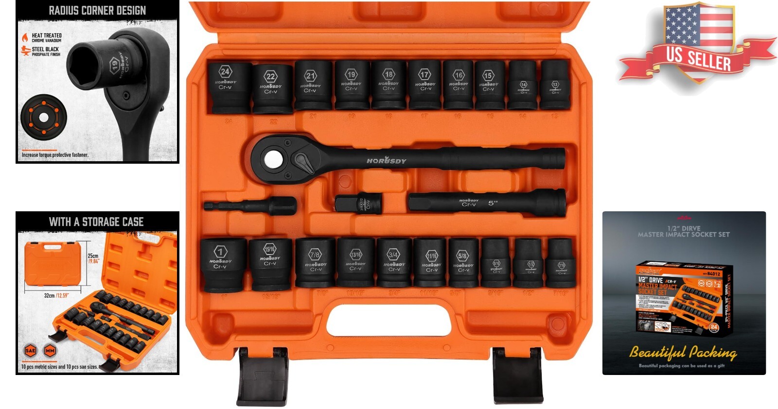 Versatile 1/2-Inch Drive Impact Socket Set with Clear Size Markings – 24 Pieces