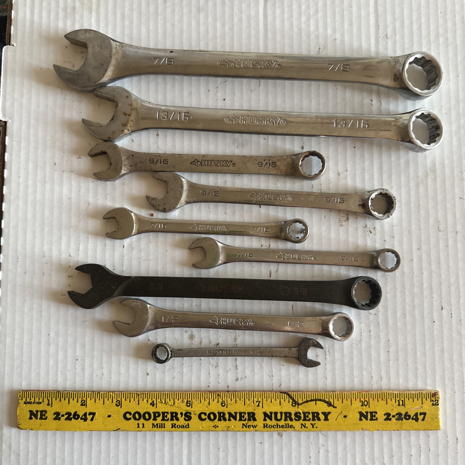 lot of 9 Husky wrenches Standard various sizes forged in U.S.A. drop steel VGC
