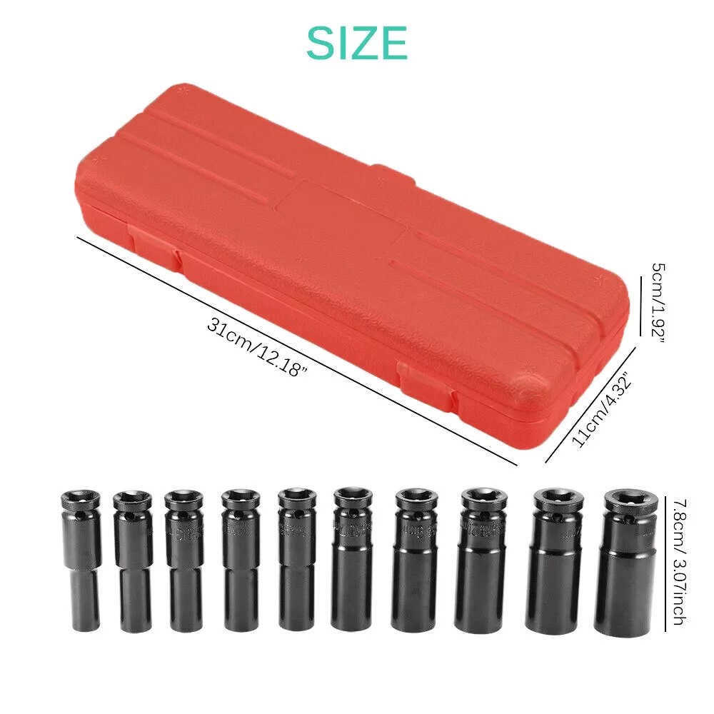 10pcs Metric Deep Impact Socket 1/2″ Drive 10mm-24mm 6 Point Sockets w/ Case-Set