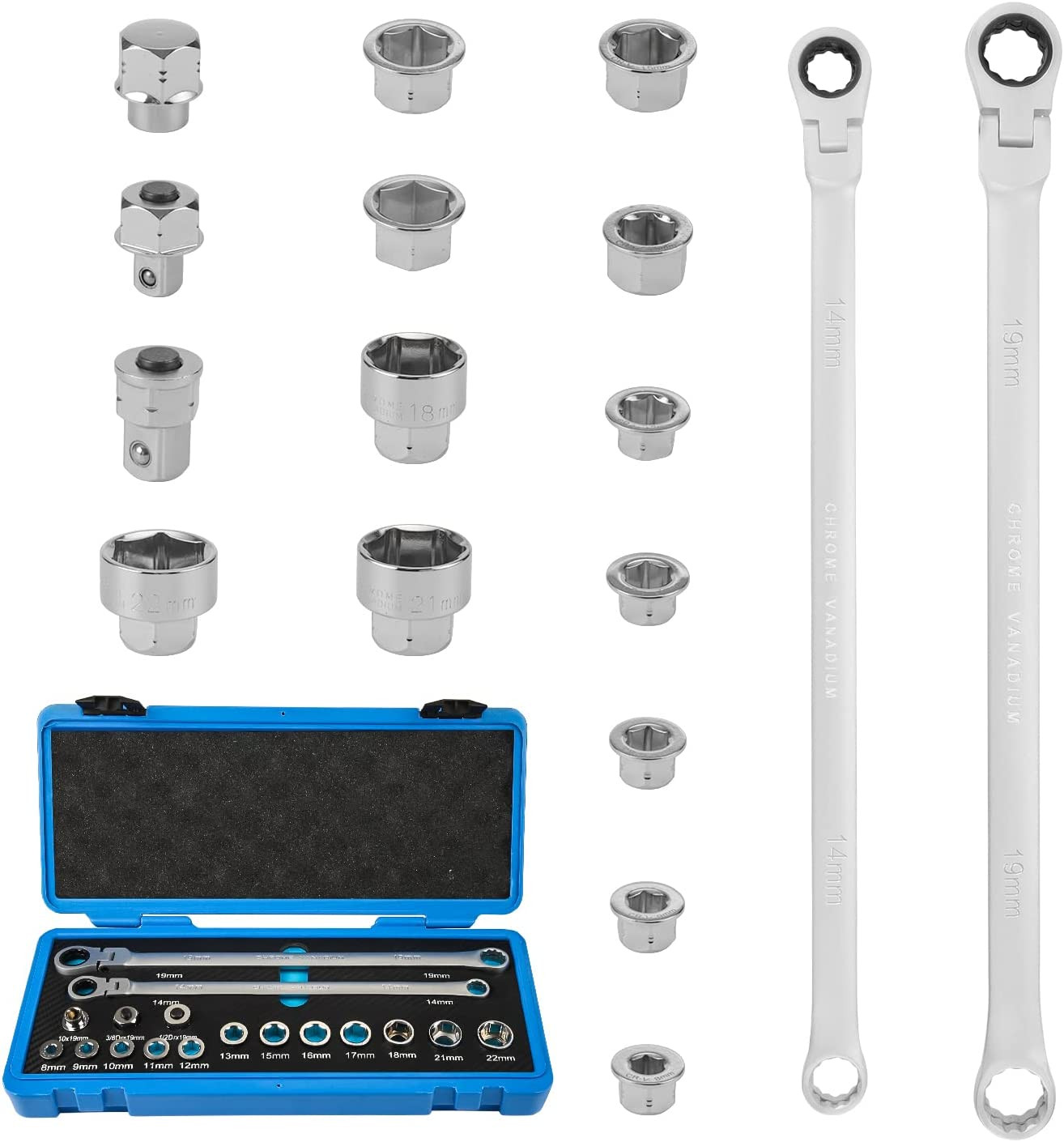 17PC Extra Long Flex-Head Ratcheting Wrench Set, Metric Double Box End w/ 8-22mm