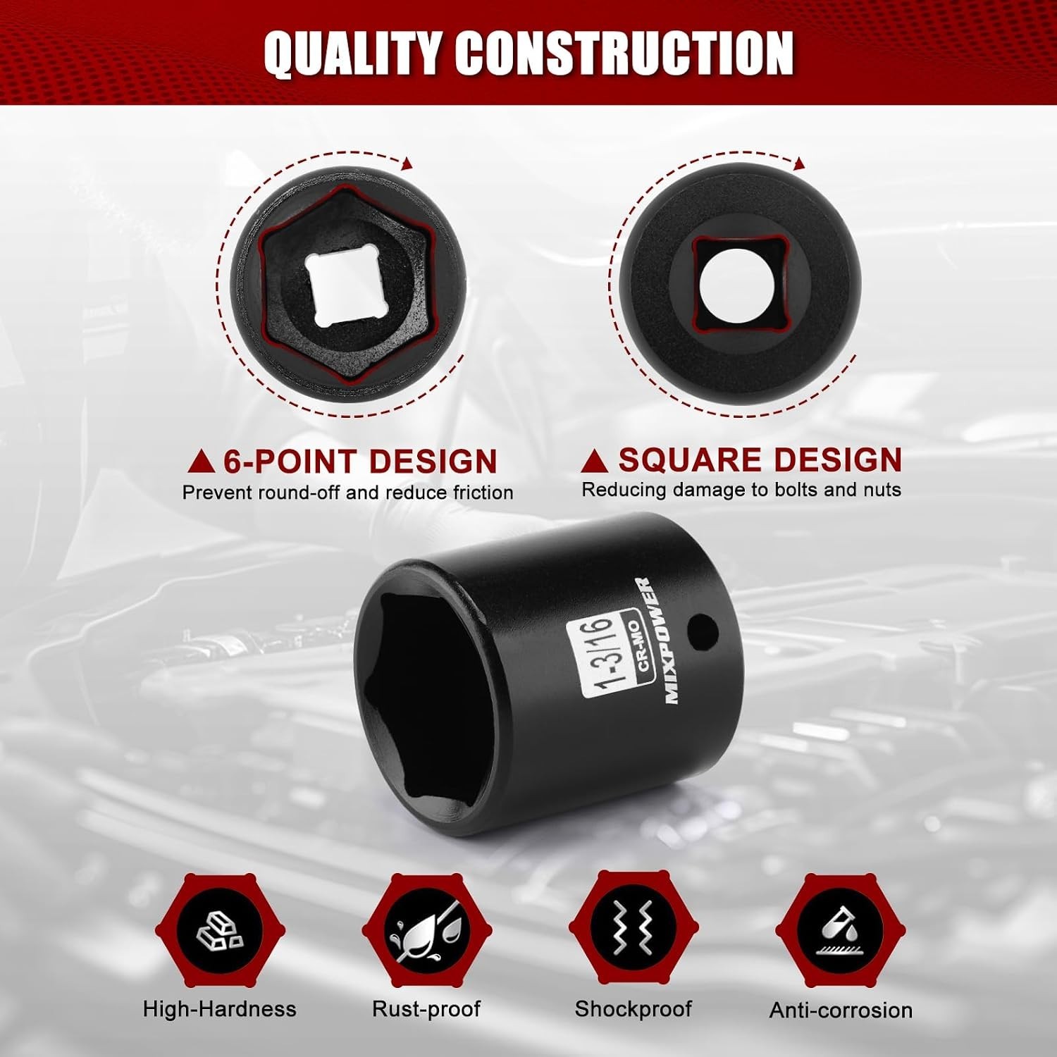 1/2″ Drive Shallow Impact Socket, CR-MO, 1-3/16″, 6 Point, Radius Corner Desi…