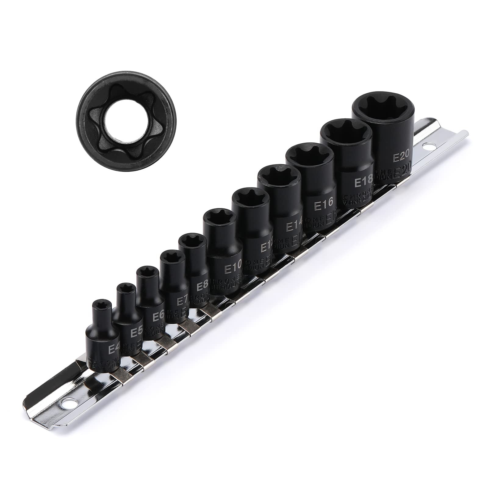 EMENTOL 11PCS E-Torx Socket Set with Rail, CR-V, 1/4″ and 3/8″ One Size