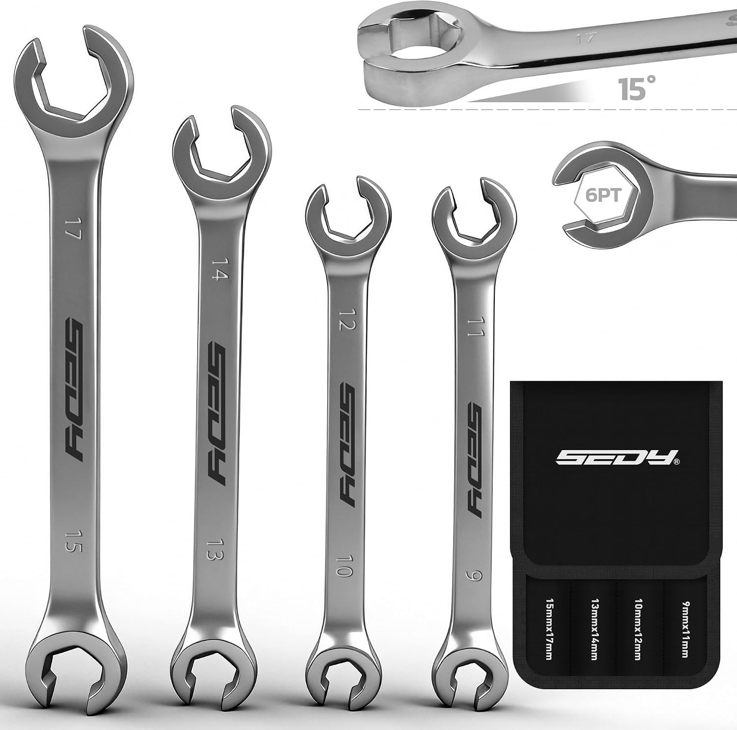 Durable 4-Piece Metric Flare Nut Wrench Set with Offset End and Storage Pouch