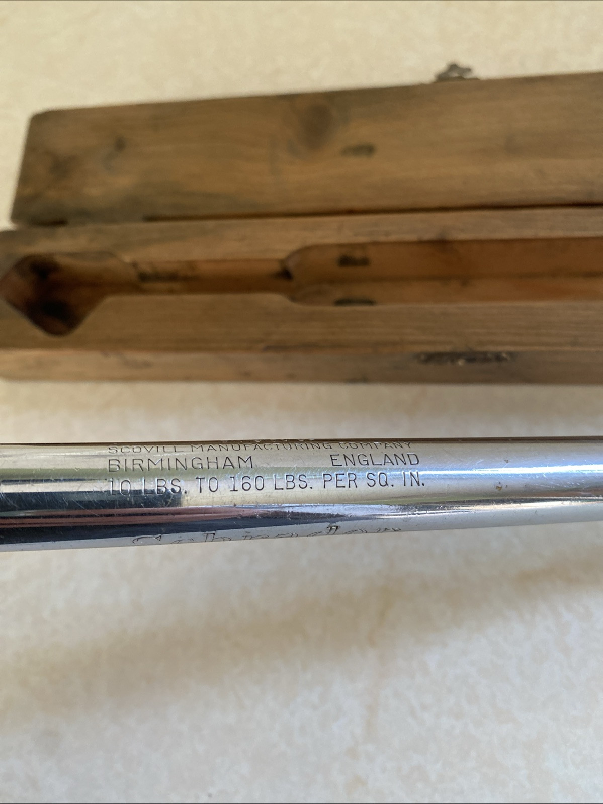 Schrader Service Tyre Gauge In Original Wooden Case Vintage Tool Classic Car