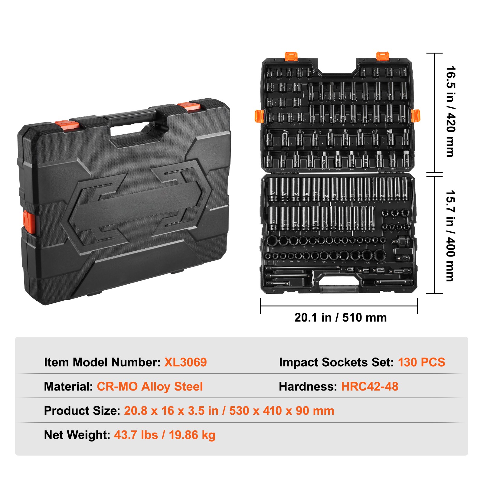 VEVOR Impact Sockets Set 130PCS 6-Point 3/8″ & 1/2″ Drive Bit Ratchet Tool Kit