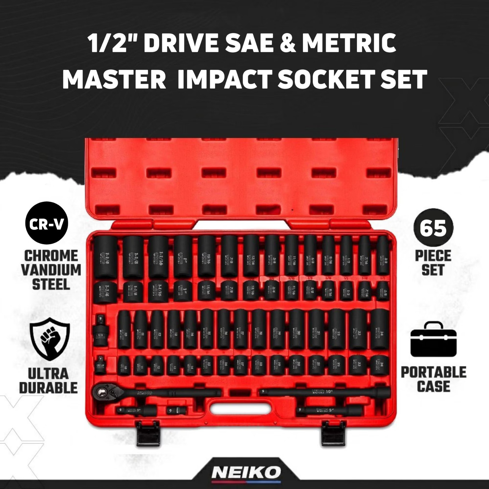 NEIKO 02448A 1/2″ Drive Master Impact Socket Set, 65 65 Piece, Sae and Metric