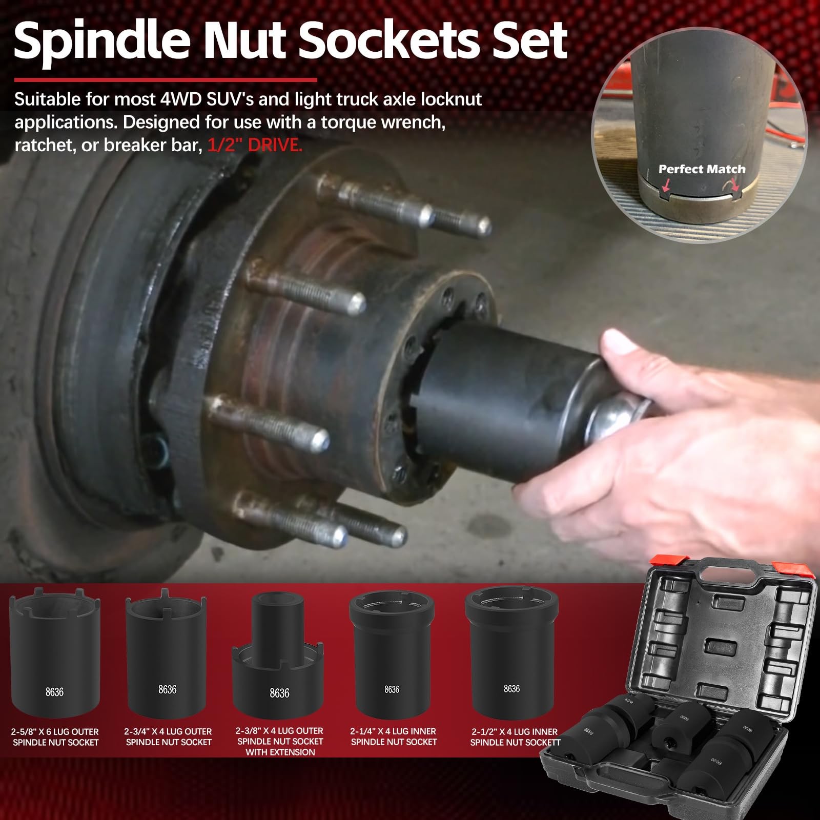 Sunluway Spindle Nut Socket Tool Kit 5 Pcs Axle Hub Lock Nut Socket Set 1/2” …