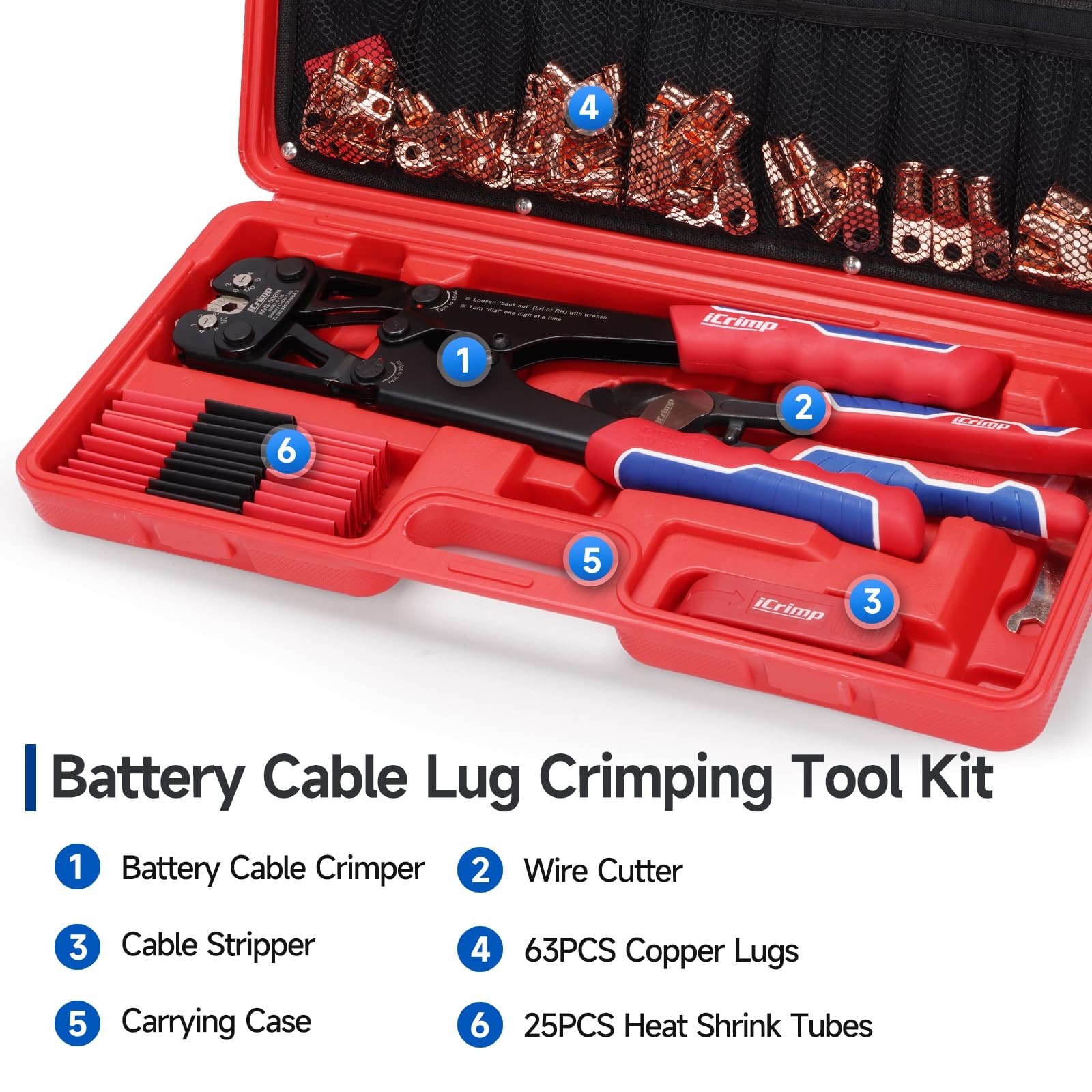 Battery Cable Lug Crimping Tool Kit 8-1/0 AWG 63 Copper Lugs 25 Heat Tubes