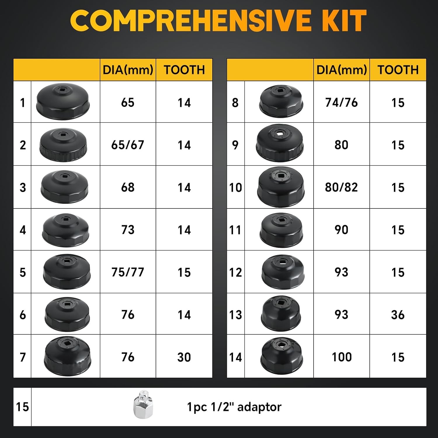 16Pcs Oil Filter Wrench Set Cup Type Removal Tool Socket Kit 1/2″ 3/8″ Adaptor