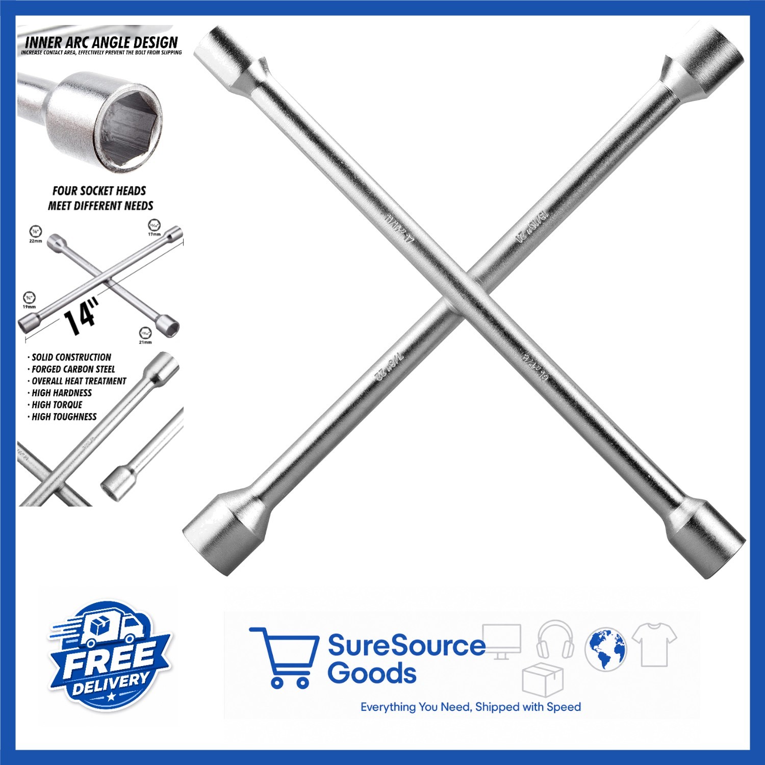 4 Way Tire Iron Wrench 14 Inch Heavy Duty Lug Tool Chrome Finish Carbon Steel