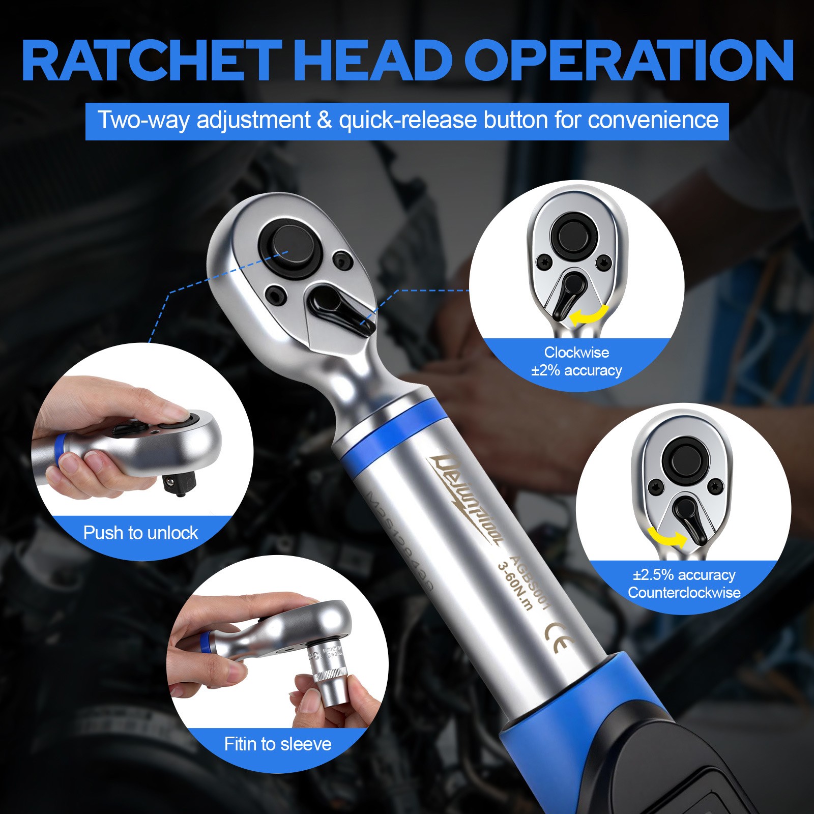 Digital Torque Wrench Set 3-60N.m 3/8″ 1/2″ Ratchet Wrench Tools W/ 7 Sockets