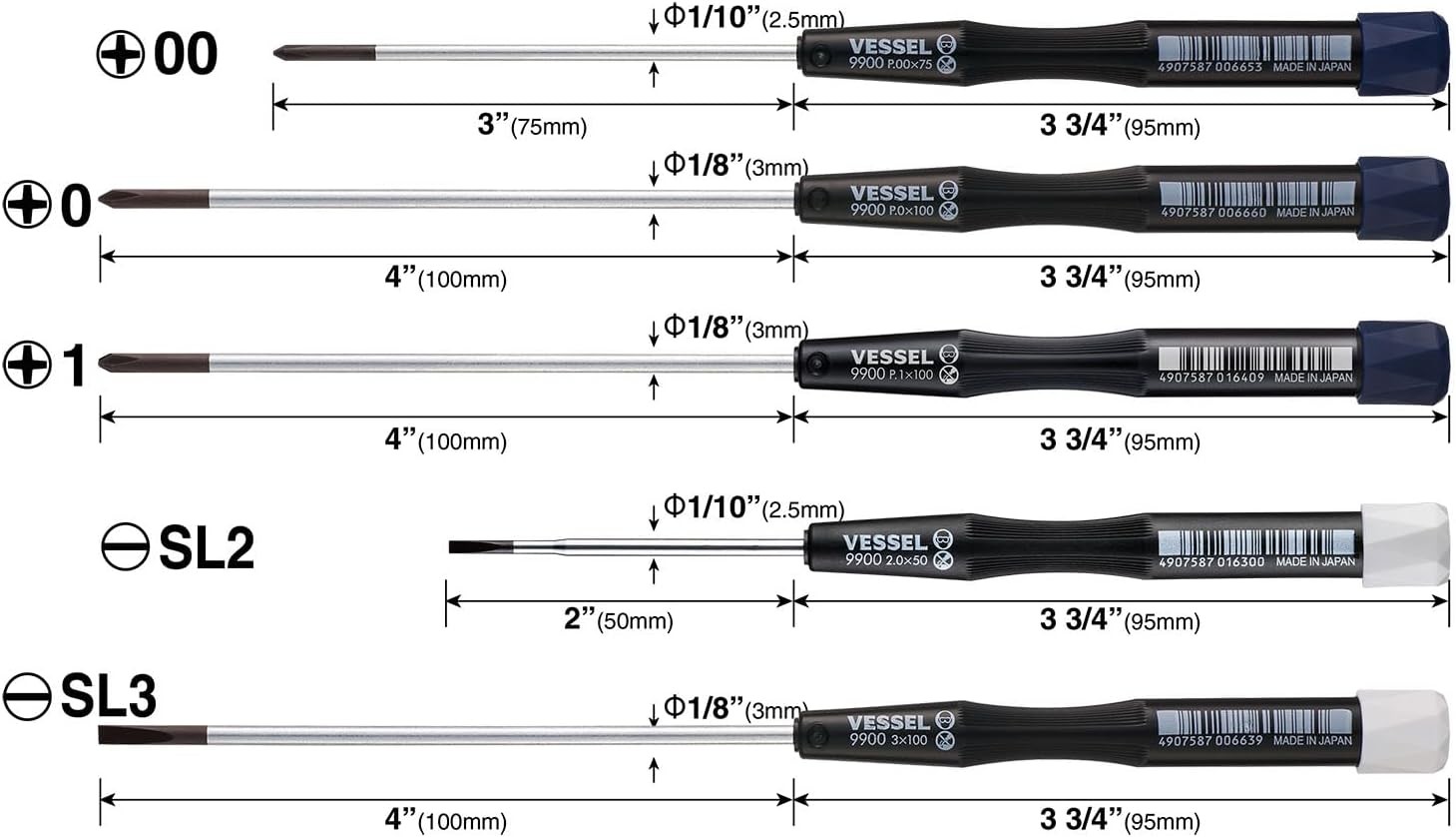 Vessel Precision Micro Tip Screwdriver Set (+00, +0, +1, -2, -3) (99005PFPBU)