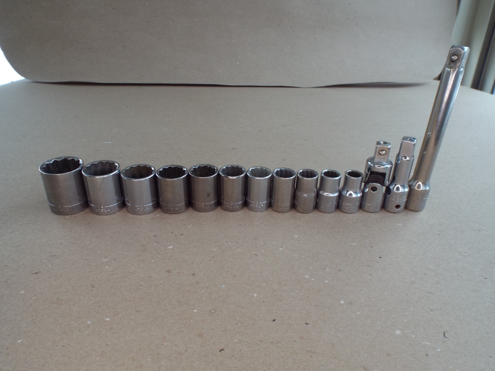 VTG 14 Pc Craftsman Socket Lot 1/2″ Dr 12 Pt 7/16″ – 1-1/8″ Ext, USA SAE -(Read)