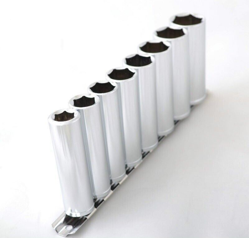 9pc Deep Well Socket Set Chrome SAE or METRIC 1/4 3/8 or 1/2″ Drive On Snap Rail