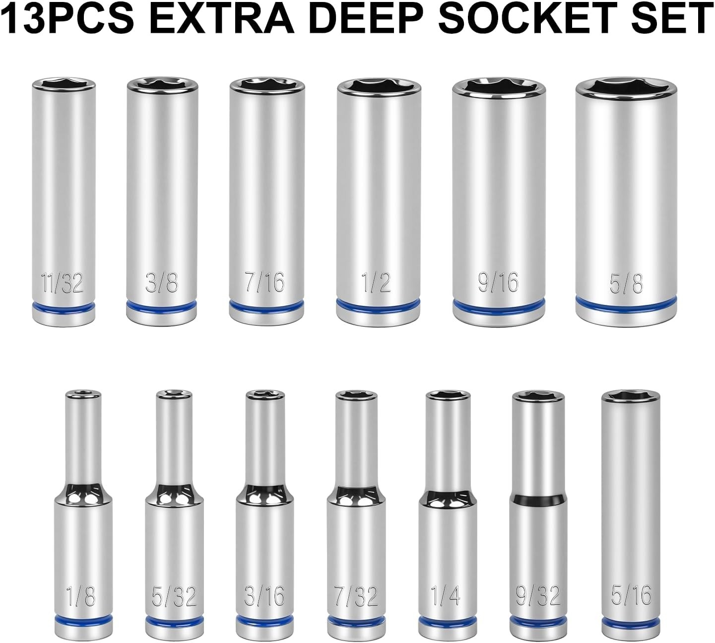 1/4″ Drive 13-Piece SAE Deep Hex Socket Set – Durable Chrome Finish Included
