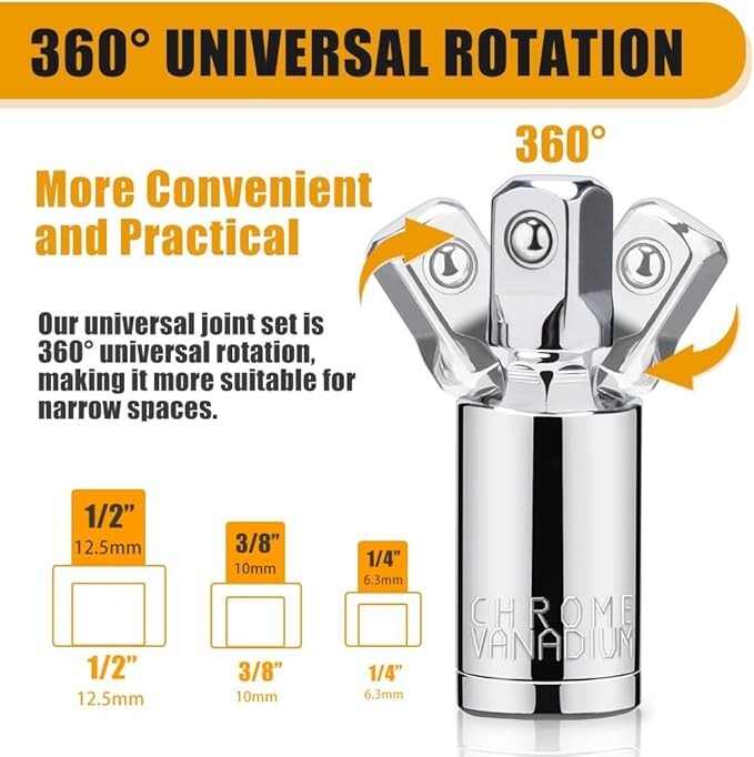 3PCS Impact Universal Joint Swivel Socket Adapter Set 1/4″ 3/8” 1/2″ Drive 360°