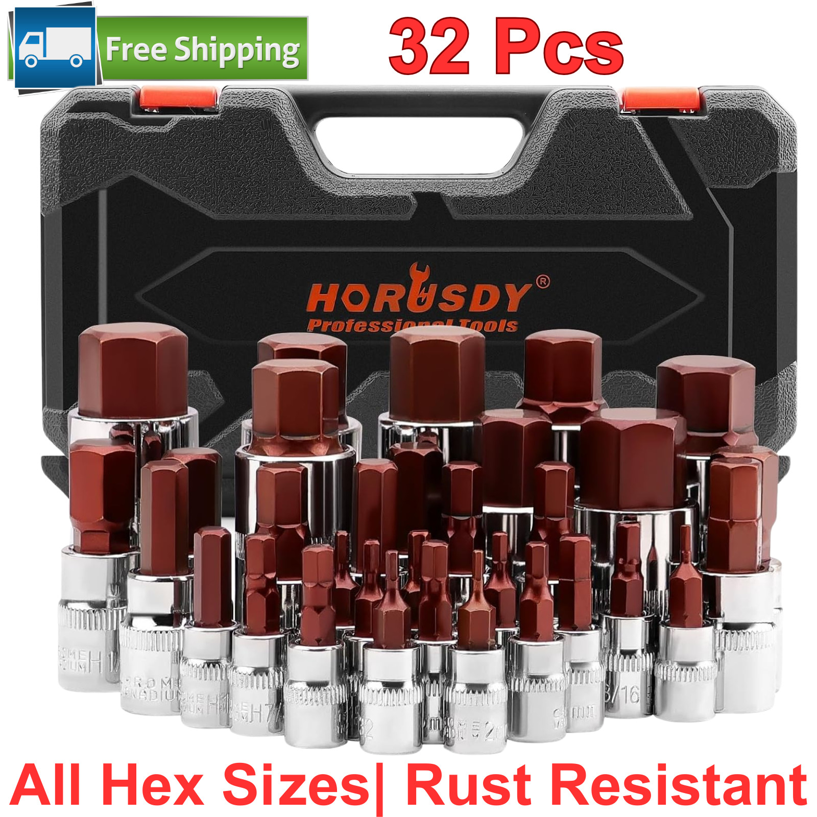32 Piece Hex Bit Socket Set S2 Steel Allen Sockets, SAE & Metric, 1/4″ 3/8″ 1/2″