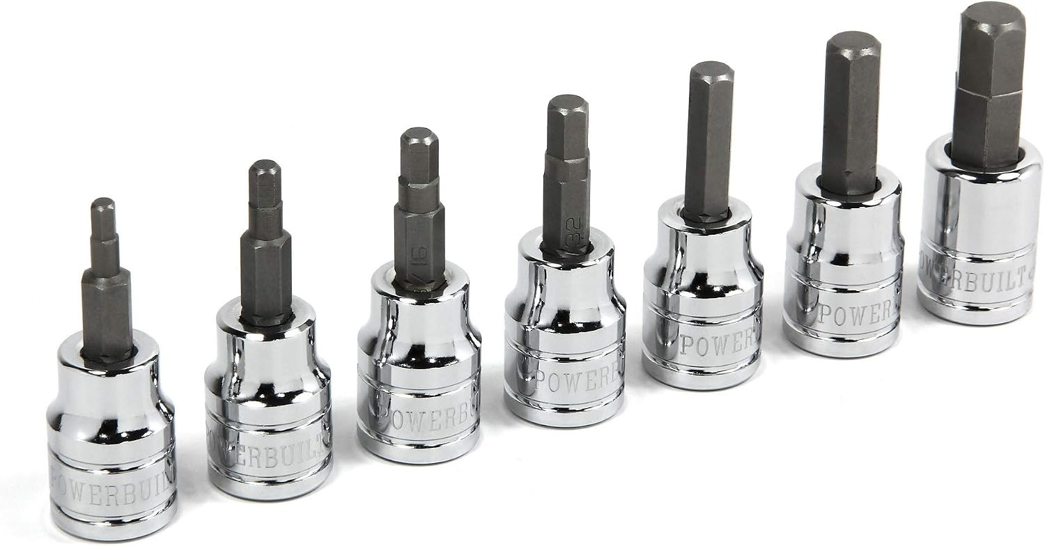 7 Piece 3/8 Inch Drive SAE Hex Bit Socket Set, Sizes 1/8″-3/8″, S2 Bits and C…