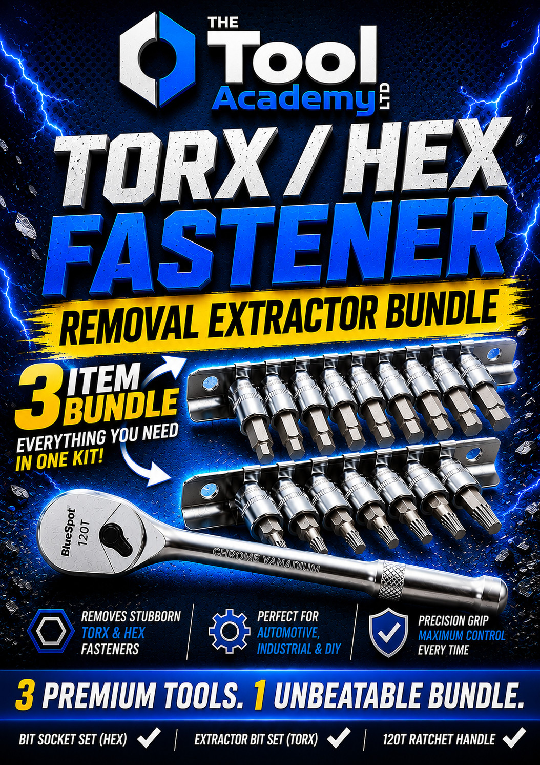 Blue Spot Tool Set BUNDLE Damaged Torx Hex Fastener Remover Sets + 120T Ratchet