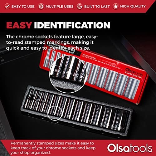 13pc SAE Deep Socket Set – 3/8″ Drive, 6-Point Chrome Sockets, No Skipped Sizes,