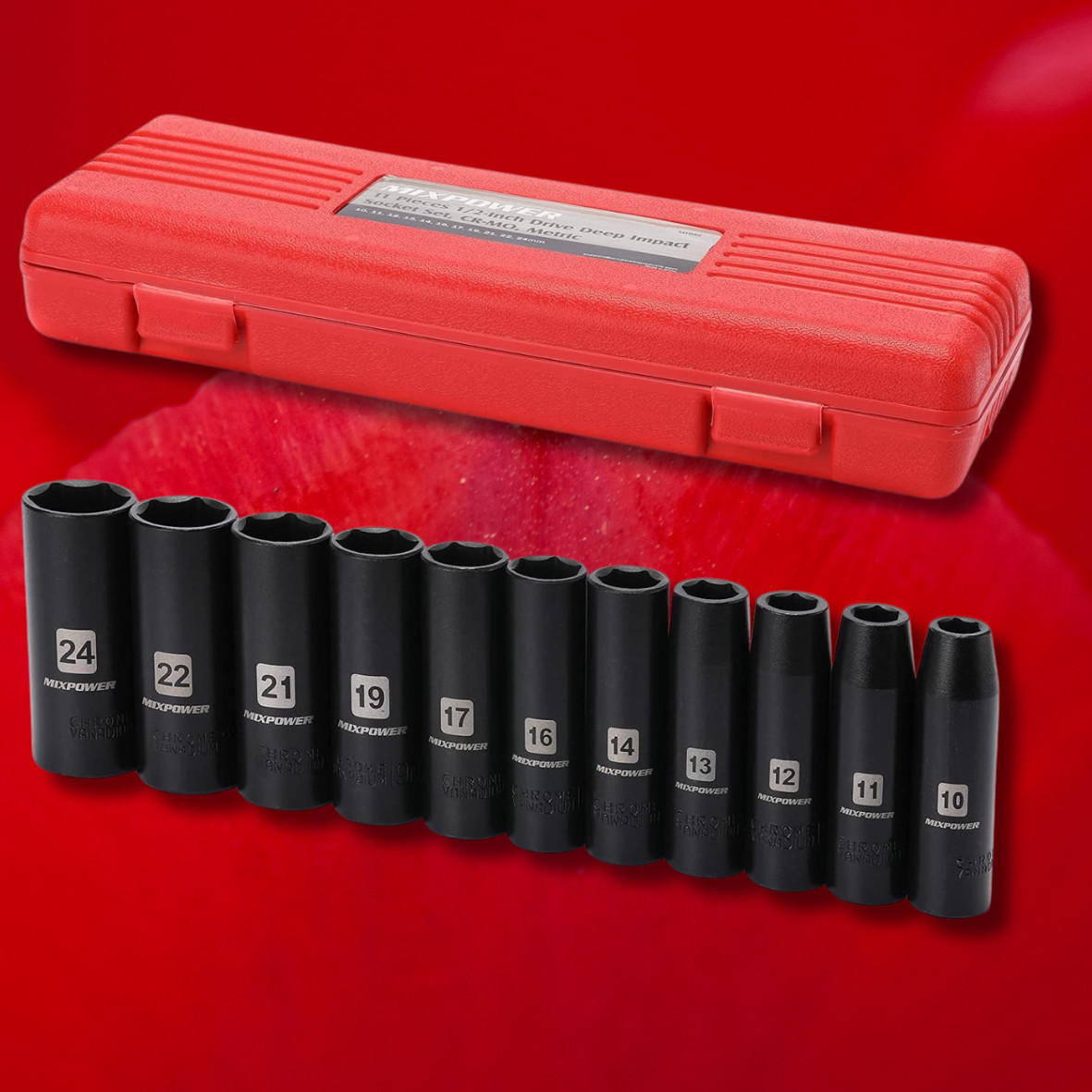10pcs Metric Deep Impact Socket 1/2″ Drive 10mm-24mm 6 Point Sockets w/ Case Set
