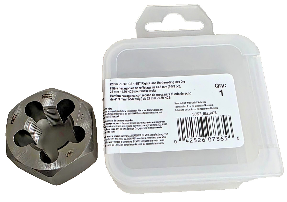 M22 X 1.5 Metric 1-5/8″ Hex Irwin 7365 ZR Rethread Die 22MM Carbon Steel USA